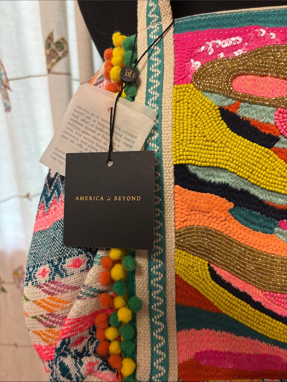 NWT America and Beyond - Multicolor Embroidered Pom-Pom Tote